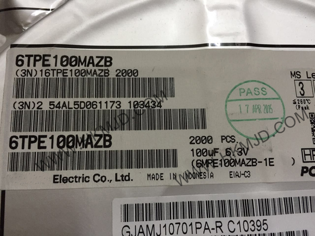 供應松下電容器 6TPE100MAZB/6TPE220MAZB 100μF 模制 聚合物鉭電容器